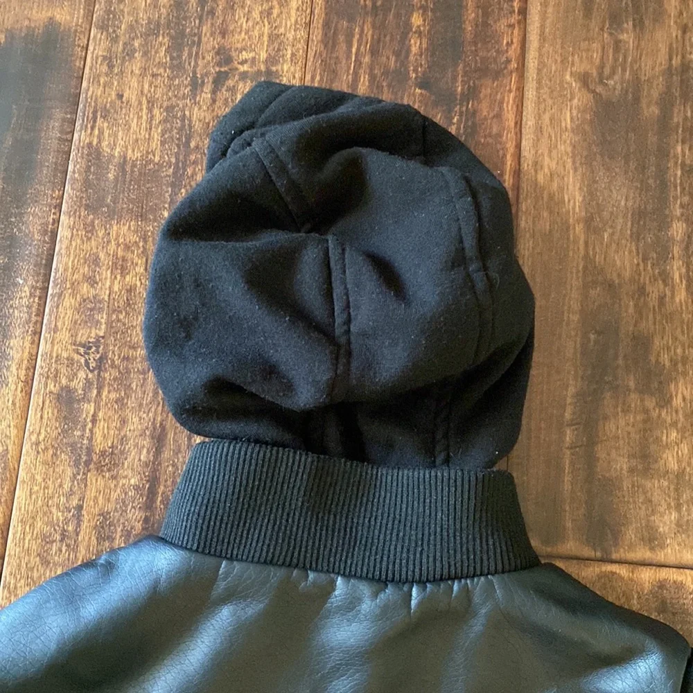 Kid’s Faux Leather/Cotton Jacket with Hood, Size Medium - Picture 7 of 8